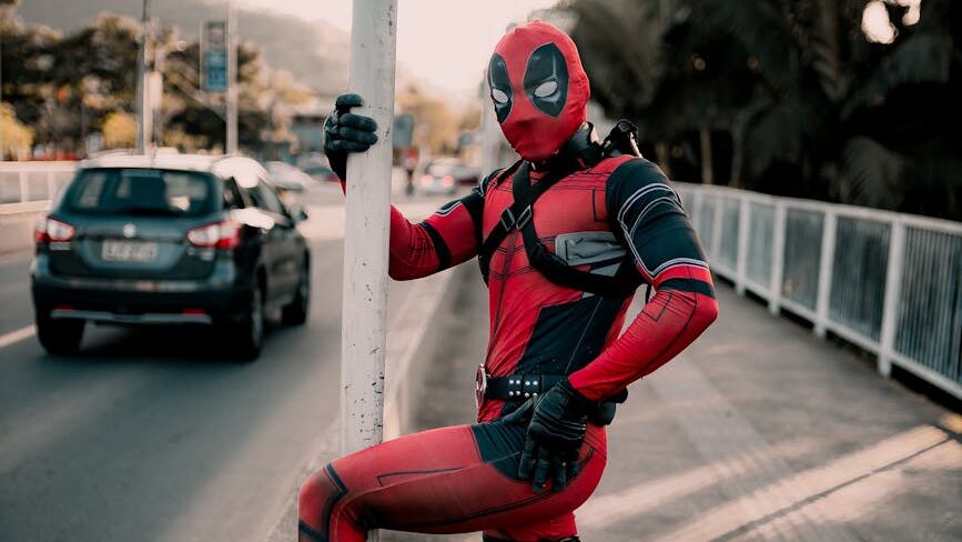 person in deadpool costume on bridge